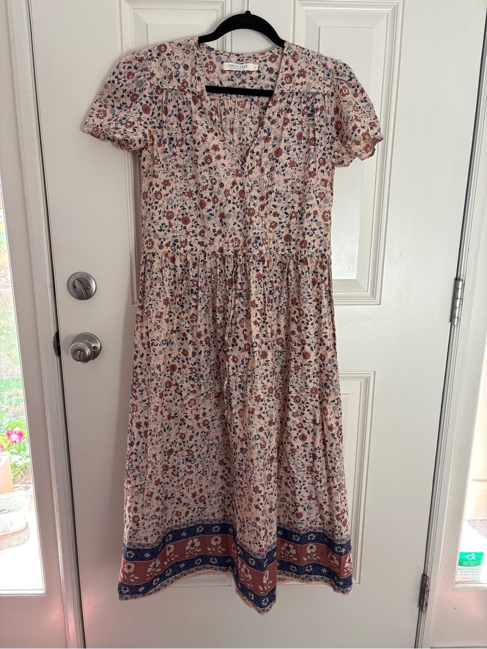 Christy Dawn The Dawn Dress Floral Midi Dress with Navy & Rust Border